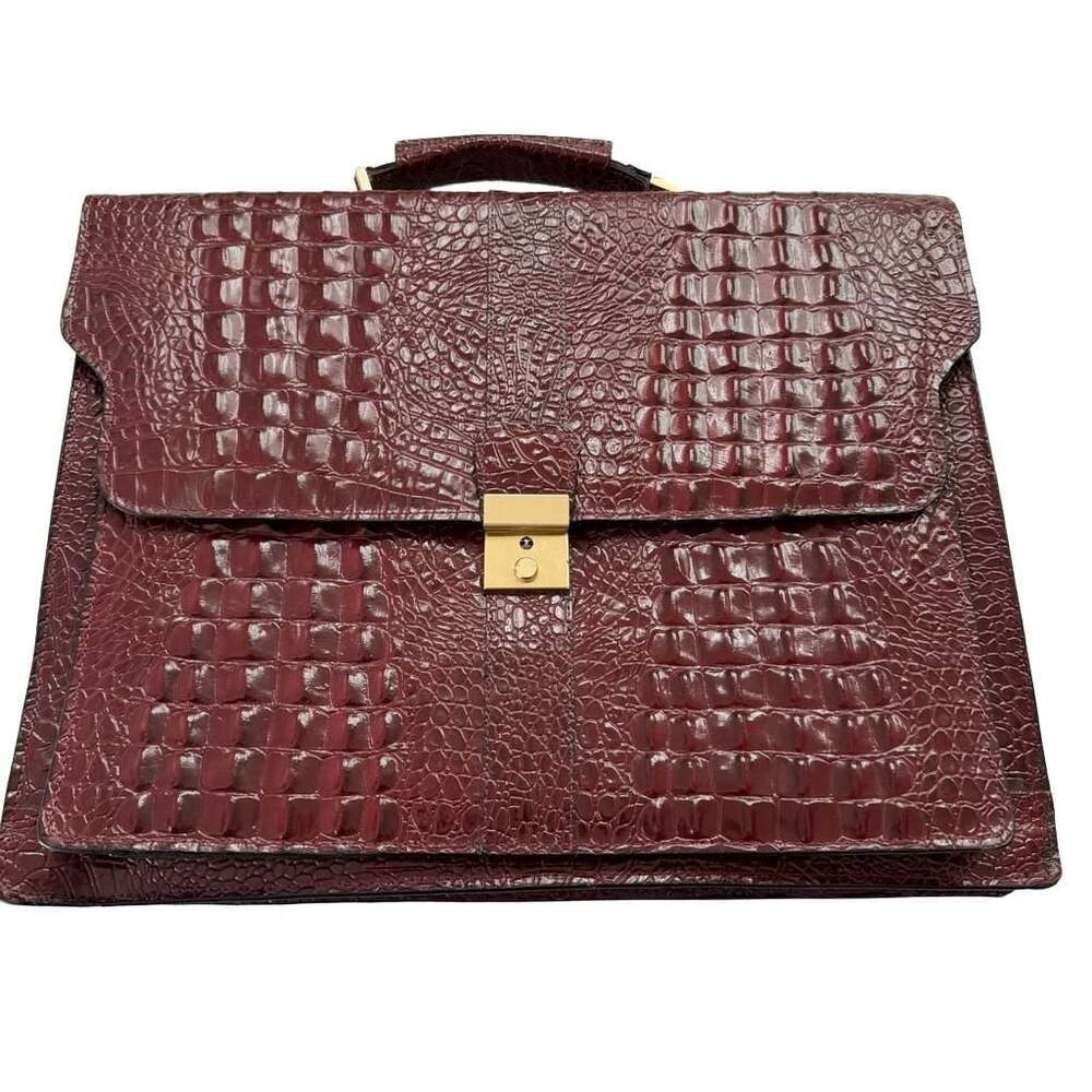 Vintage Burgundy Eel Skin Embossed Briefcase with Gold-Tone Hardware